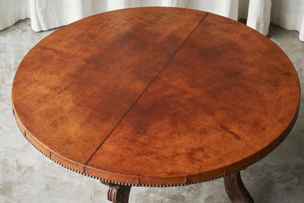 Mid-Century Coffee Table in Wood and Patinated Cognac Leather, 1940s-FEW-2024240