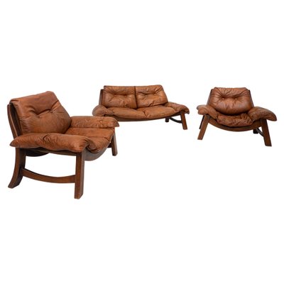 Mid-Century Cognac Leather Living Room Sofa and Chairs, 1960s, Set of 3-FGA-1362841