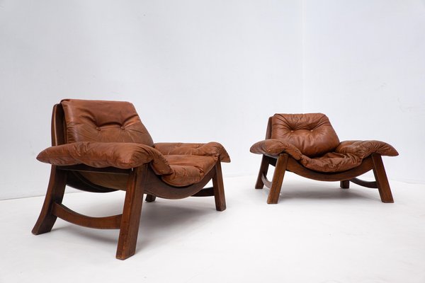 Mid-Century Cognac Leather Living Room Sofa and Chairs, 1960s, Set of 3-FGA-1362841