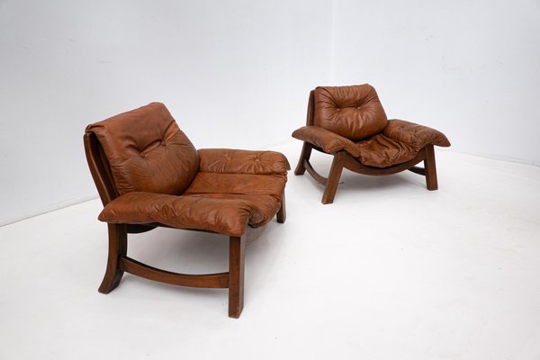 Mid-Century Cognac Leather Living Room Sofa and Chairs, 1960s, Set of 3-FGA-1362841