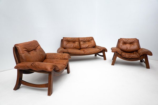 Mid-Century Cognac Leather Living Room Sofa and Chairs, 1960s, Set of 3-FGA-1362841