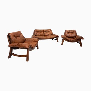 Mid-Century Cognac Leather Living Room Sofa and Chairs, 1960s, Set of 3-FGA-1362841