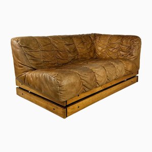 Mid-Century Cognac Leather Lounge Sofa in Oak, 1970s-GNW-1765773