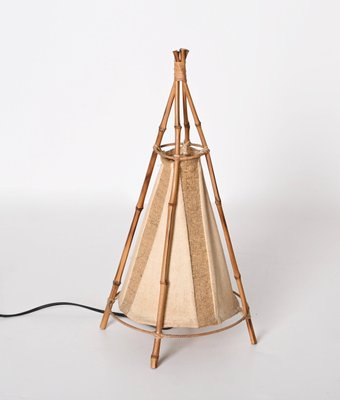 Mid-Century Cotton, Bamboo and Rattan Italian Table Lamp from Louis Sognot, 1950s-JDR-1407037