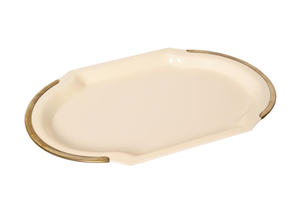 Mid-Century Cream Brass and Acrylic Glass Oval Serving Platter, Italy, 1980s-JDR-1361665