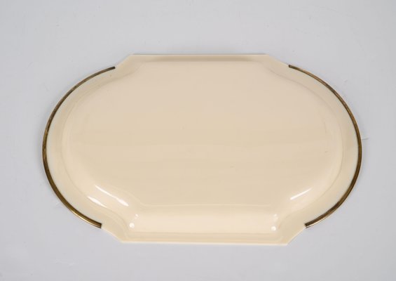 Mid-Century Cream Brass and Acrylic Glass Oval Serving Platter, Italy, 1980s-JDR-1361665