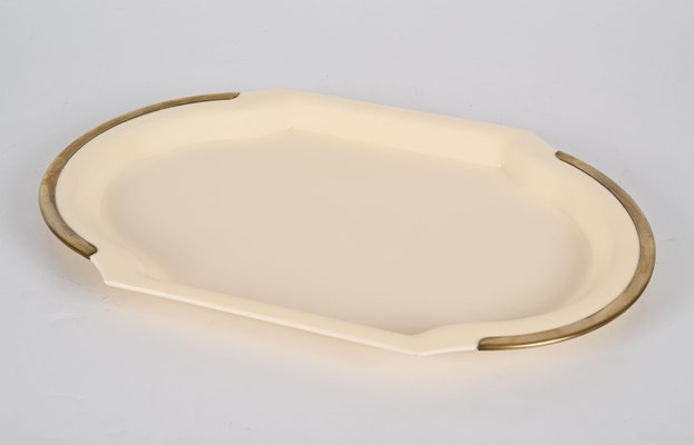 Mid-Century Cream Brass and Acrylic Glass Oval Serving Platter, Italy, 1980s-JDR-1361665