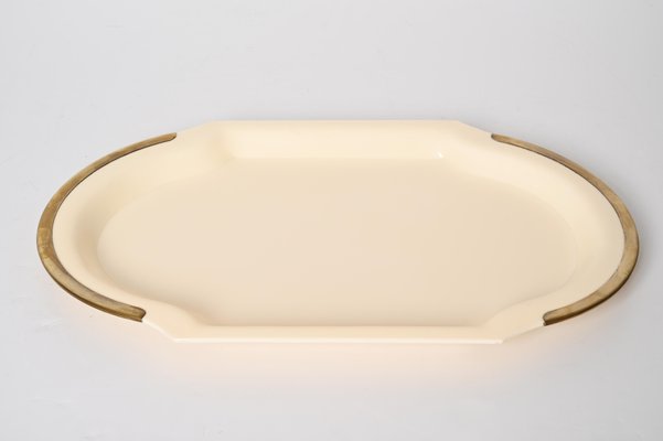 Mid-Century Cream Brass and Acrylic Glass Oval Serving Platter, Italy, 1980s-JDR-1361665