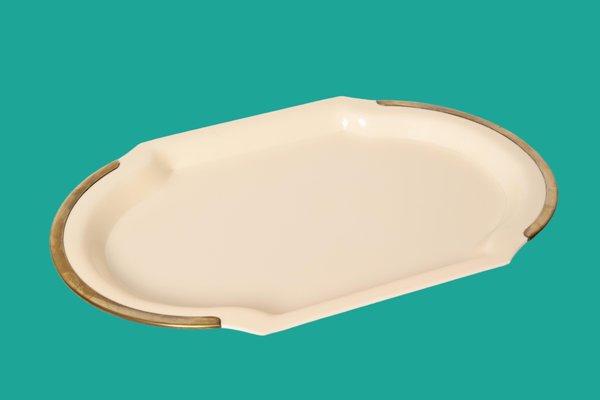 Mid-Century Cream Brass and Acrylic Glass Oval Serving Platter, Italy, 1980s-JDR-1361665