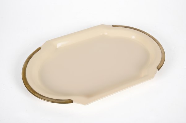 Mid-Century Cream Brass and Acrylic Glass Oval Serving Platter, Italy, 1980s-JDR-1361665