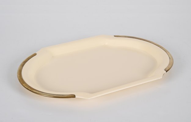 Mid-Century Cream Brass and Acrylic Glass Oval Serving Platter, Italy, 1980s-JDR-1361665