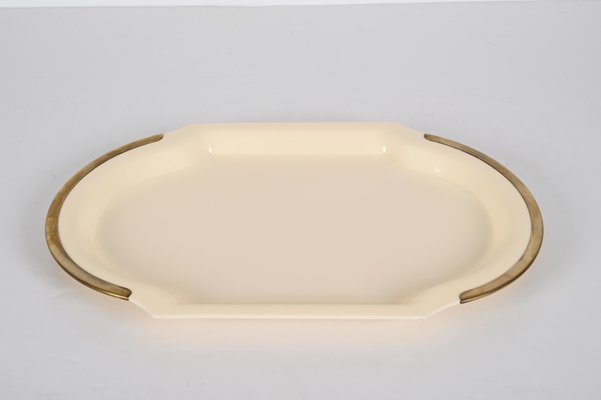 Mid-Century Cream Brass and Acrylic Glass Oval Serving Platter, Italy, 1980s-JDR-1361665