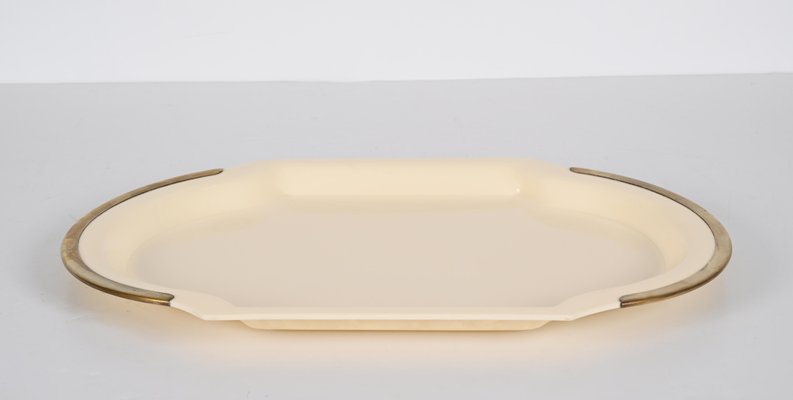 Mid-Century Cream Brass and Acrylic Glass Oval Serving Platter, Italy, 1980s-JDR-1361665