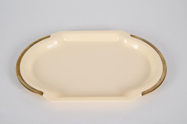 Mid-Century Cream Brass and Acrylic Glass Oval Serving Platter, Italy, 1980s-JDR-1361665