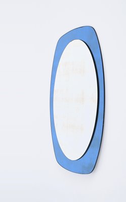 Mid-Century Cristal Art Oval Wall Mirror with Blue Glass Frame, Italy, 1960s-JDR-1732620