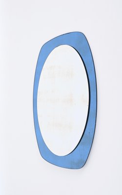 Mid-Century Cristal Art Oval Wall Mirror with Blue Glass Frame, Italy, 1960s-JDR-1732620