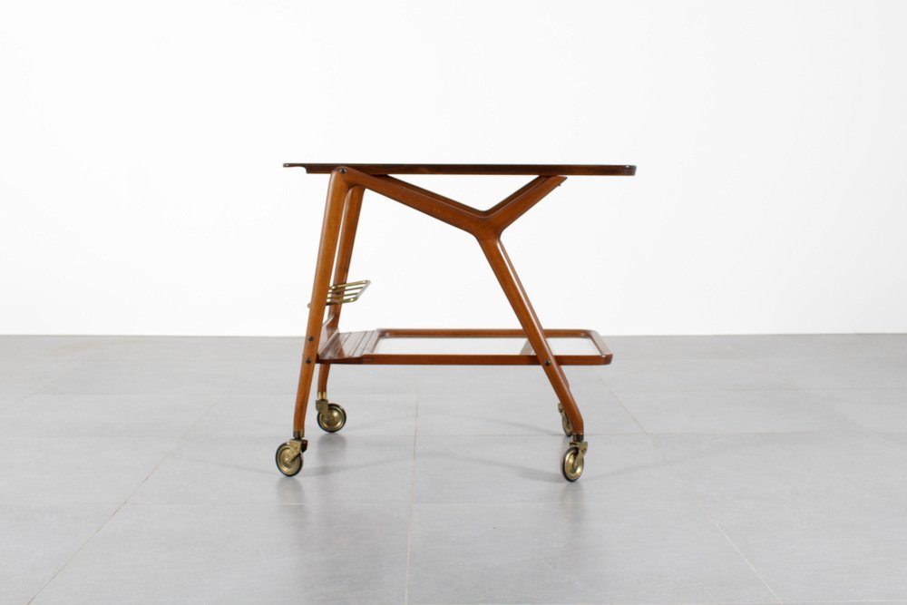 Mid-Century Curved Wooden Serving Bar Cart by Cesare Lacca, 1950s