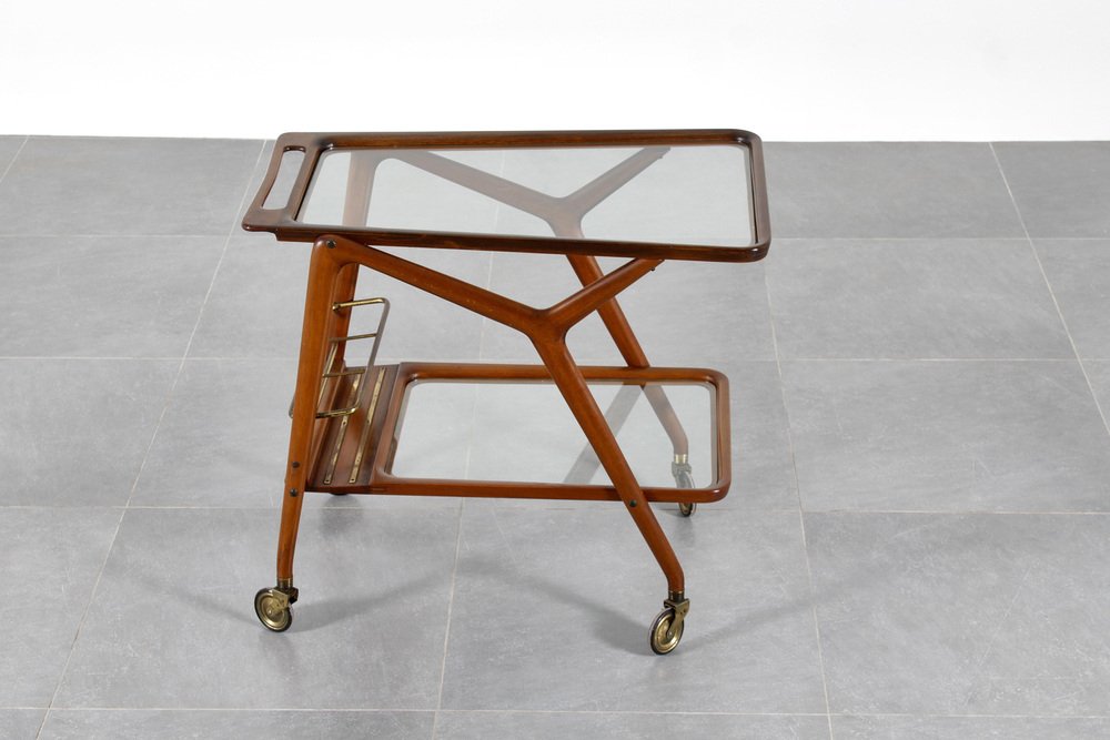 Mid-Century Curved Wooden Serving Bar Cart by Cesare Lacca, 1950s