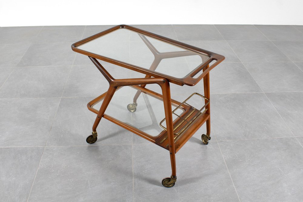 Mid-Century Curved Wooden Serving Bar Cart by Cesare Lacca, 1950s