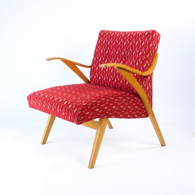 Mid-Century Czechoslovakian Armchair in Original Red Fabric and Blonde Wood, 1960s-UL-1336020