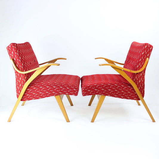 Mid-Century Czechoslovakian Armchair in Original Red Fabric and Blonde Wood, 1960s