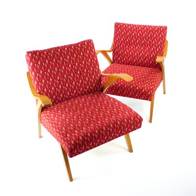 Mid-Century Czechoslovakian Armchair in Original Red Fabric and Blonde Wood, 1960s-UL-1336020