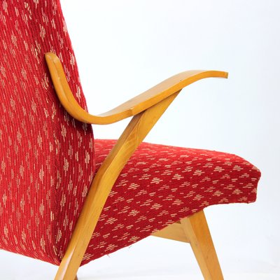 Mid-Century Czechoslovakian Armchair in Original Red Fabric and Blonde Wood, 1960s-UL-1336020