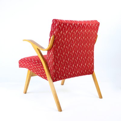 Mid-Century Czechoslovakian Armchair in Original Red Fabric and Blonde Wood, 1960s-UL-1336020