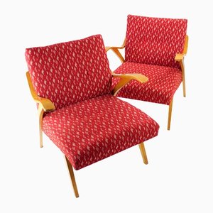 Mid-Century Czechoslovakian Armchair in Original Red Fabric and Blonde Wood, 1960s-UL-1336020