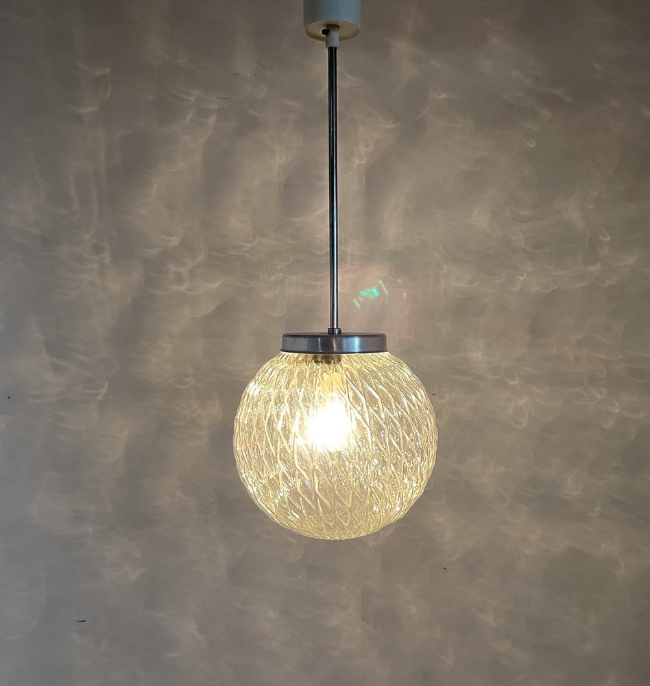 Mid-Century Czechoslovakian Clear Glass Ball Pendant Light, 1970s