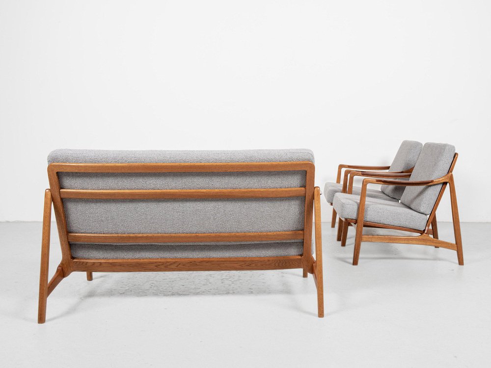 Mid-Century Danish 2-Seat Sofa and Easy Chairs in Oak and Teak attributed to Tove & Edvard Kindt-Larsen for France & Daverkosen, Set of 3