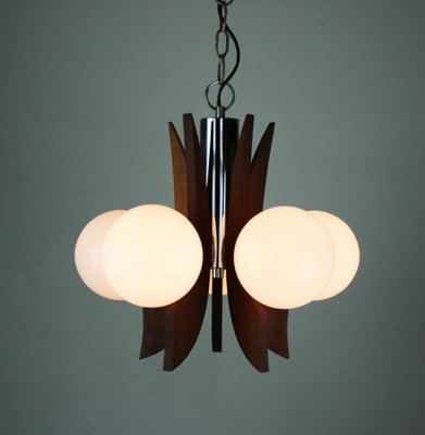 Mid-Century Danish 5 Light Opaline Glass & Wood Chandelier-HGJ-738984