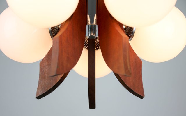 Mid-Century Danish 5 Light Opaline Glass & Wood Chandelier-HGJ-738984