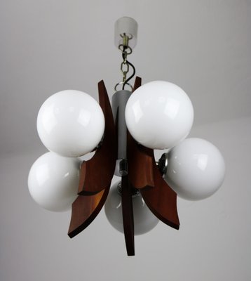 Mid-Century Danish 5 Light Opaline Glass & Wood Chandelier-HGJ-738984