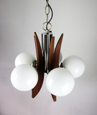 Mid-Century Danish 5 Light Opaline Glass & Wood Chandelier-HGJ-738984