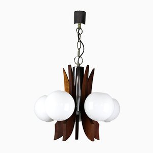 Mid-Century Danish 5 Light Opaline Glass & Wood Chandelier-HGJ-738984