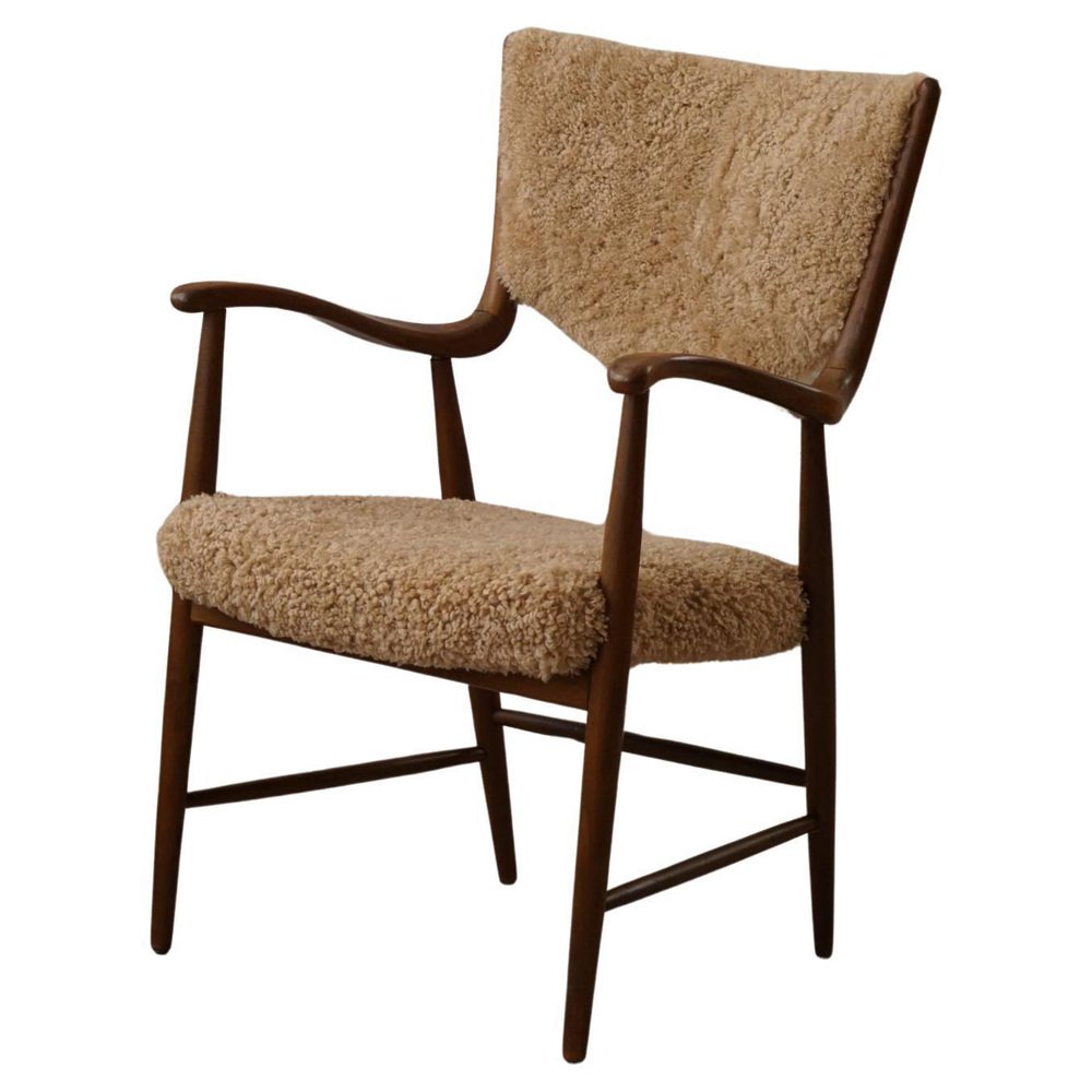 Mid-Century Danish Armchair in Beech and Lambswool, 1950s