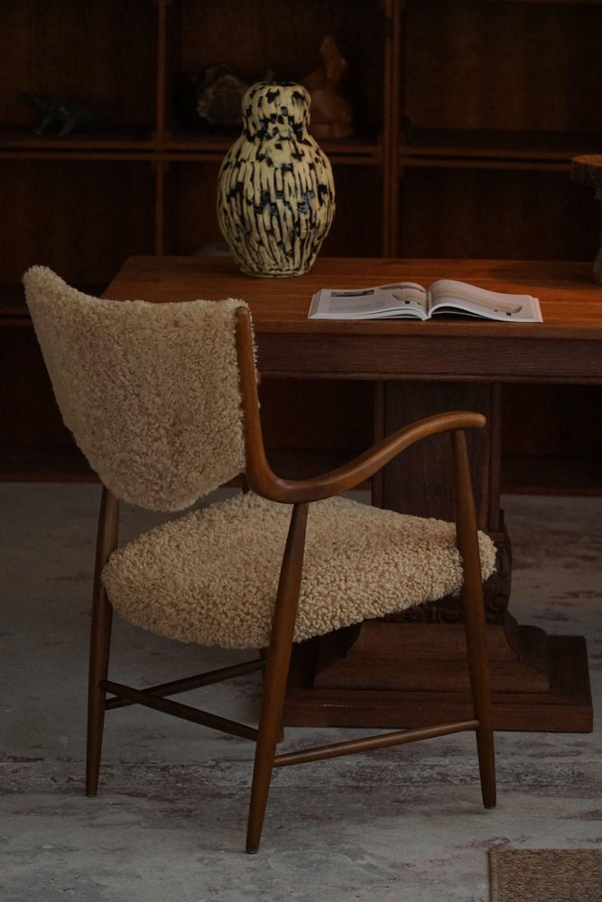 Mid-Century Danish Armchair in Beech and Lambswool, 1950s