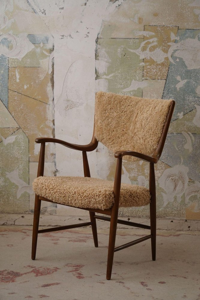 Mid-Century Danish Armchair in Beech and Lambswool, 1950s