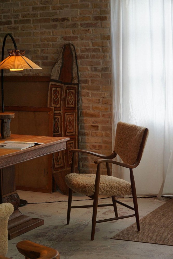 Mid-Century Danish Armchair in Beech and Lambswool, 1950s