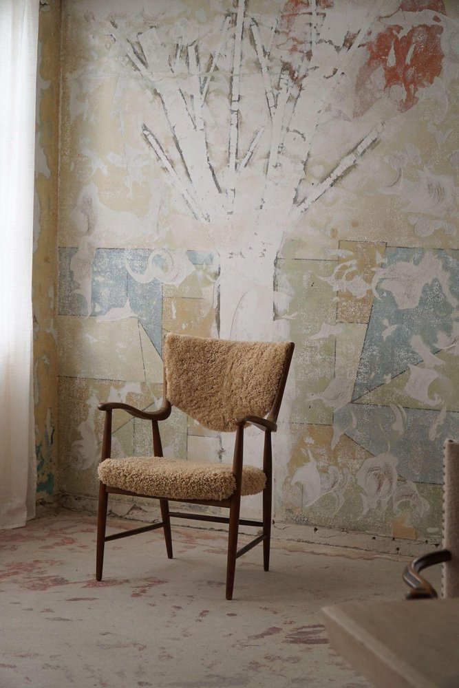 Mid-Century Danish Armchair in Beech and Lambswool, 1950s