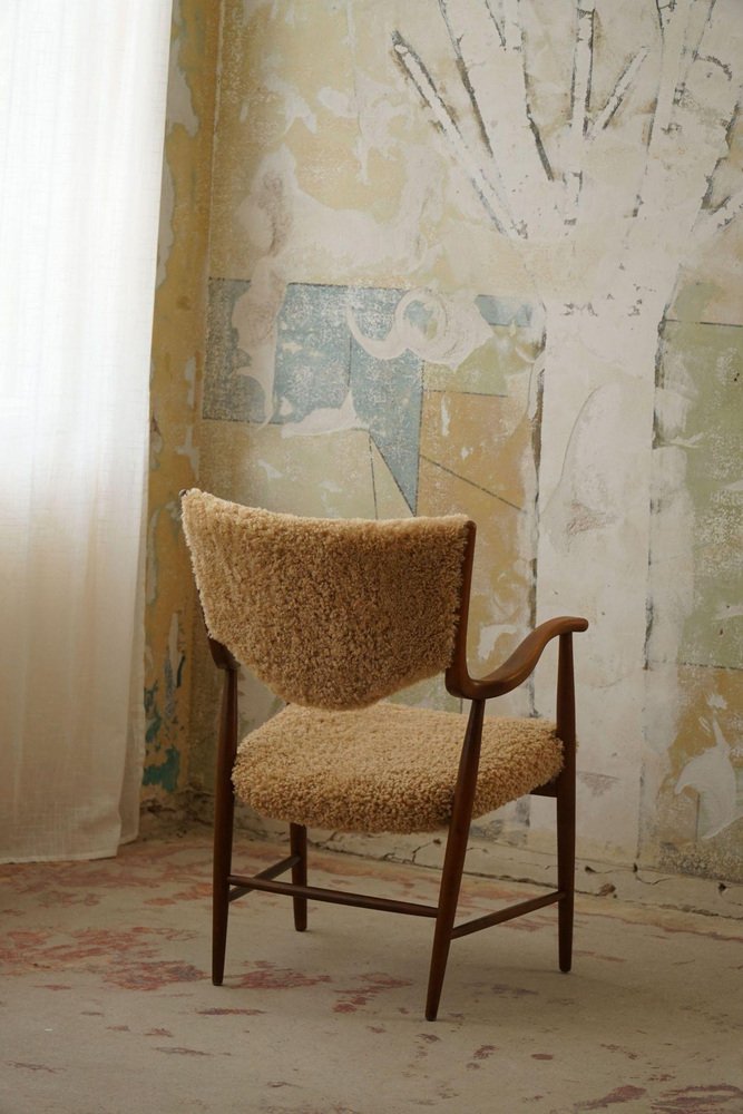 Mid-Century Danish Armchair in Beech and Lambswool, 1950s