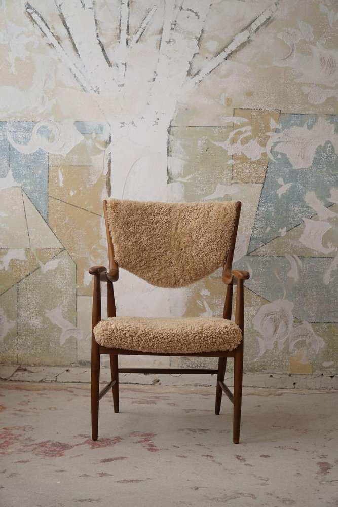 Mid-Century Danish Armchair in Beech and Lambswool, 1950s