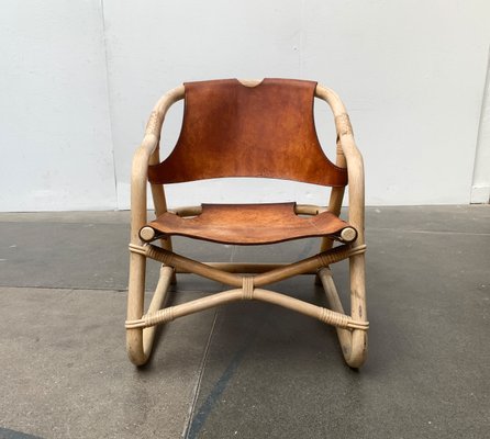 Mid-Century Danish Bamboo and Leather Safari Lounge Chair, 1960s-UAH-1315507