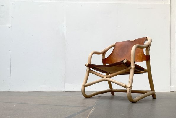 Mid-Century Danish Bamboo and Leather Safari Lounge Chair, 1960s-UAH-1315507