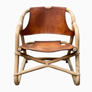 Mid-Century Danish Bamboo and Leather Safari Lounge Chair, 1960s-UAH-1315507