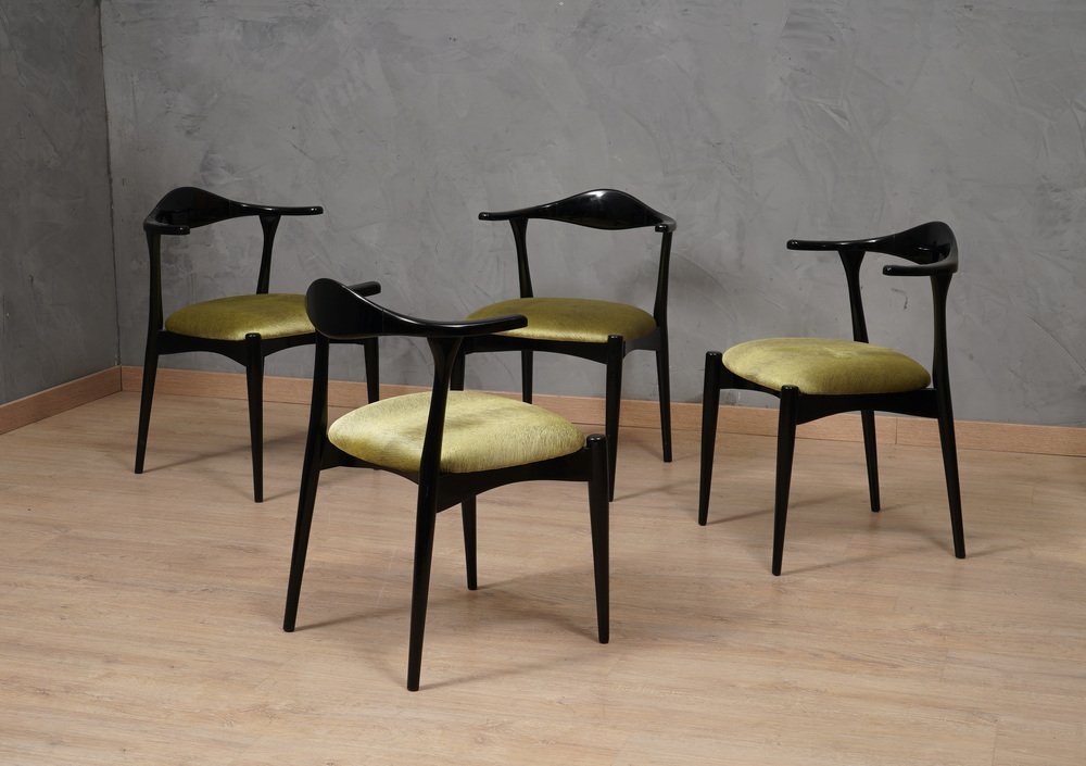 Mid-Century Danish Beech Wood and Green Fabric Dinning Chairs, 1960s, Set of 4