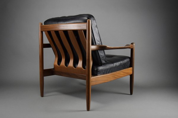 Mid-Century Danish Black Leather and Wood Lounge Chair by Grete Jalk, 1955-IEI-1705870