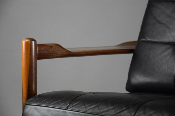 Mid-Century Danish Black Leather and Wood Lounge Chair by Grete Jalk, 1955-IEI-1705870