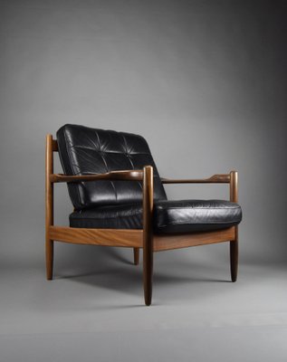 Mid-Century Danish Black Leather and Wood Lounge Chair by Grete Jalk, 1955-IEI-1705870